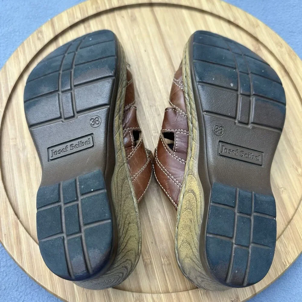 Josef Seibel Catalonia Wedge Sandals Womens Size 38 US 7-7.5 Brown Leather Shoes